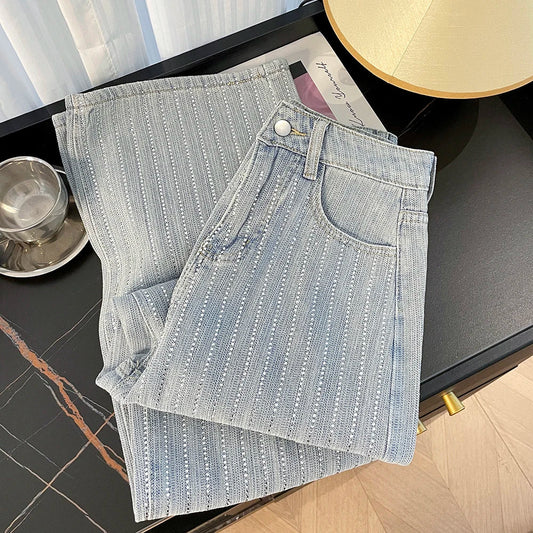 Korean Shiny Hot Diamond Temperament High Waisted Straight Tube Loose and Slimming Narrow Version Wide Leg Denim Pants for