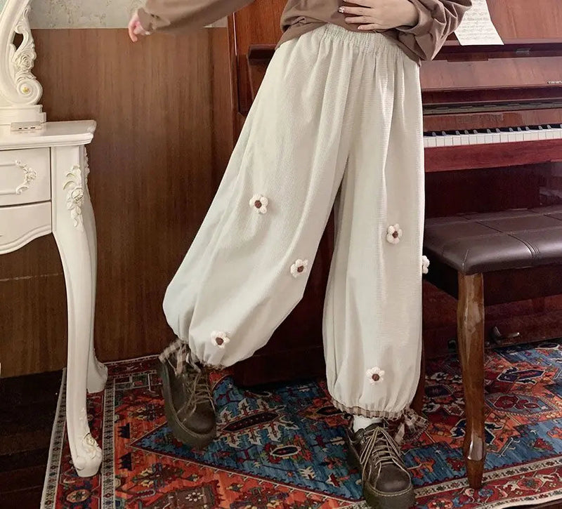 Mori System Corduroy Drawstring Trousers Loose Bud Wide Leg Trousers Anklelength Pants