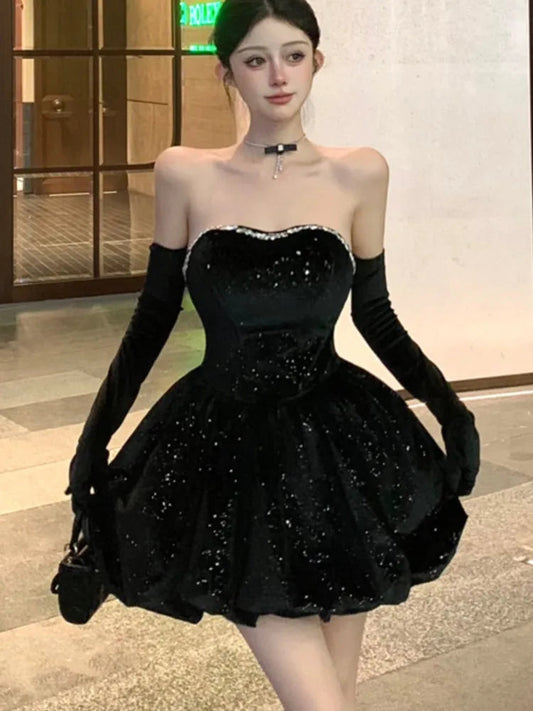 Black Velvet Dresses Y2k Strapless Birthday Party Mini Dress Korean Slim Waist Aline Short Vestidos Female Clothing