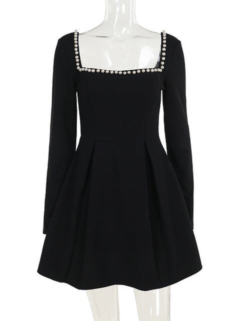 Pearl Square Collar Long Sleeve Mini Dress for Robe Backless A-line Dress Autumn Fall Dresses