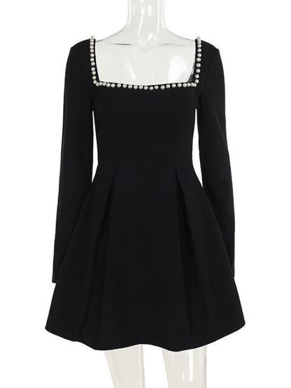 Pearl Square Collar Long Sleeve Mini Dress for Robe Backless A-line Dress Autumn Fall Dresses