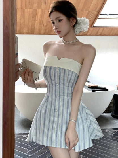 Y2k Strapless Mini Dresses for Bow Patchwork A-line Birthday Party Dress Korean Prom Short Vestidos Mujer
