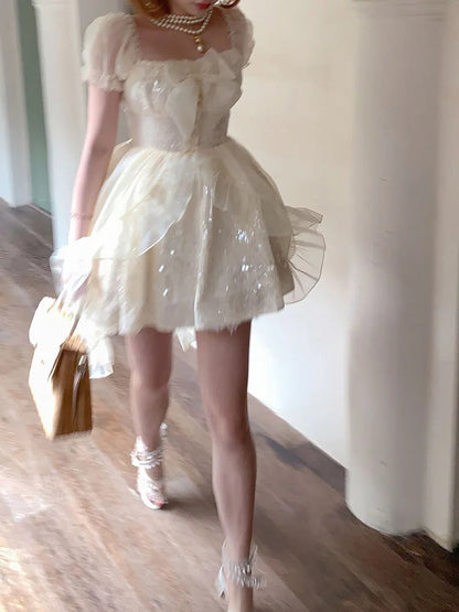 French Style Temperament Sweet for Dress New Spring Summer Sequinstighten the Waist Dress Bow Princess Mini Dress