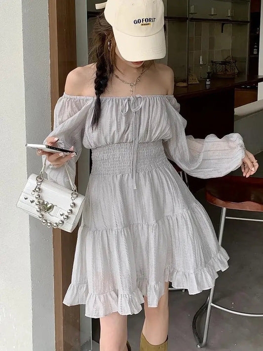 Summer New Gray Ruffles Laceup Pleated Mini Dress French High Waist Long Sleeves Vacation Short Dress Simple