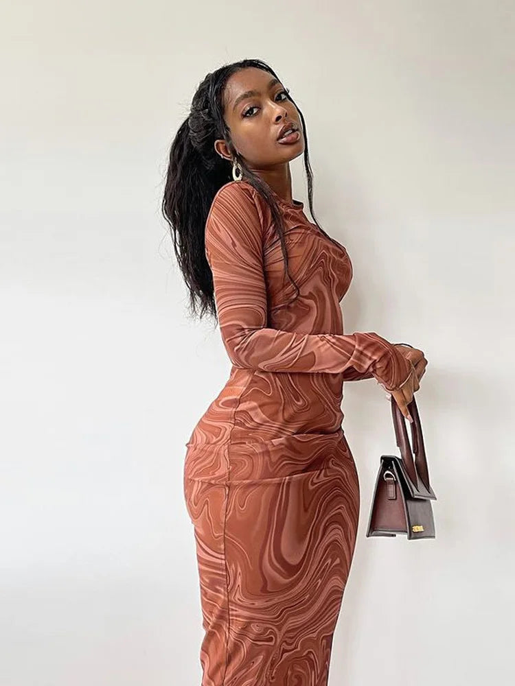 Bodycon Long Dresses for One Piece Club Outfit Evening Party Clothes O-neck Mid Calf Vestidoes De Mujer