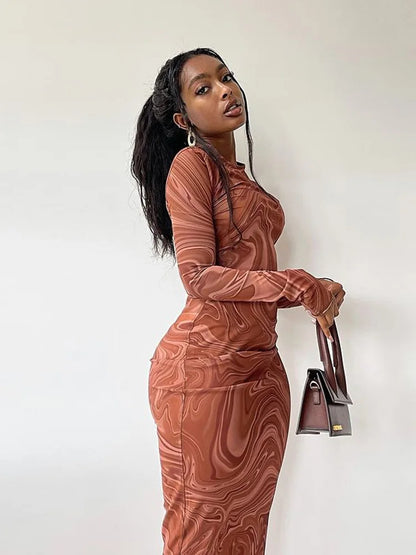 Bodycon Long Dresses for One Piece Club Outfit Evening Party Clothes O-neck Mid Calf Vestidoes De Mujer