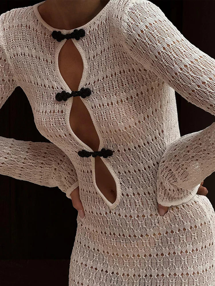 Hollow Out Knitted Long Dress Backless Long Sleeve Slim Maxi Dresses Female Party Beach Holiday