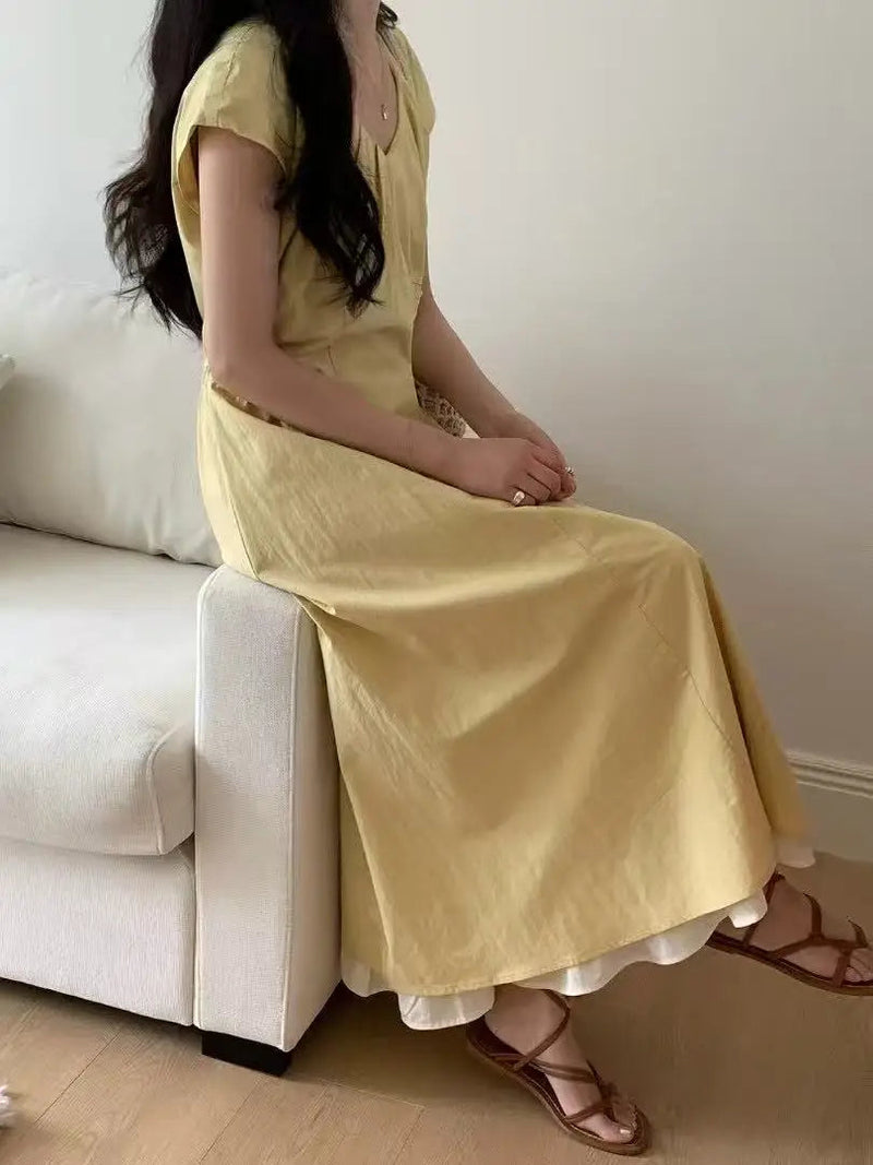 French Retro Patchwork Contrasting Short Sleeved Dress Summer New Design Slimming Waist Long Dresses