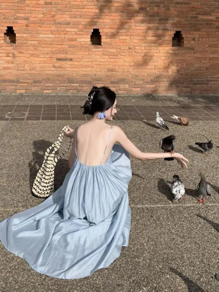 Korean Summer New Blue Club Festival Backless V Neck Long Dress Sleeveless Holiday Loose Pleated Dress Simple