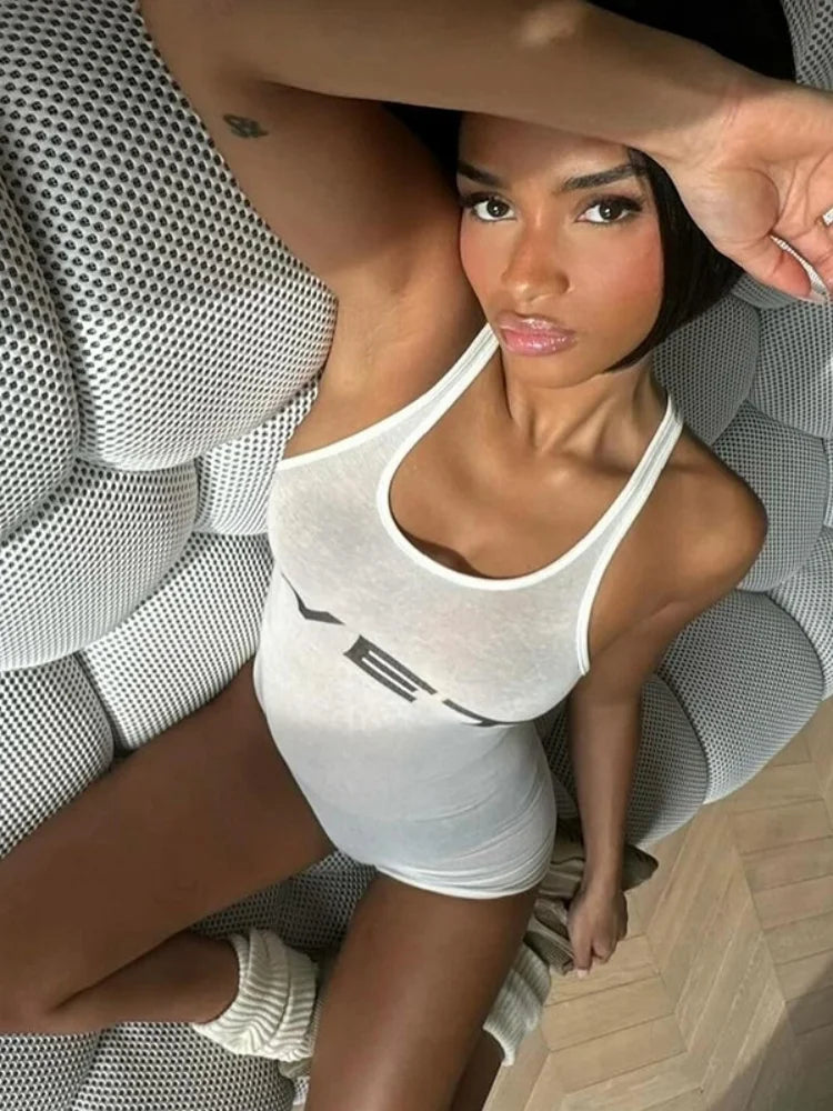Letter Print Catsuit White One Piece Romper Jumpsuit Tank Top Short Playsuit Bodycon Ropa De Mujer Summer Outfits Bodysuit