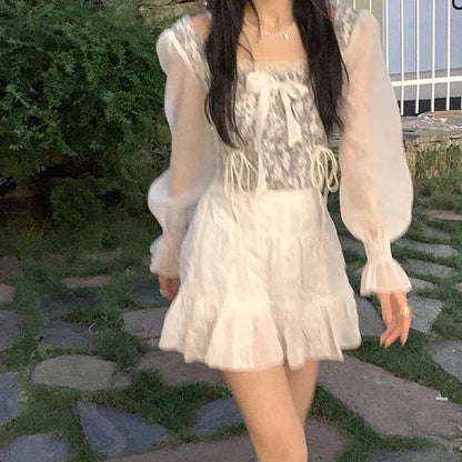 Cropped Shirts Bow Lace Patchwork Blouses Summer Korean Print Square Collar Bandage Long Sleeve Slim Tops
