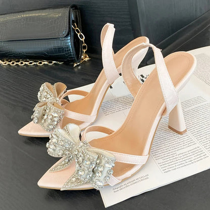 Crystal Rhinestone Bowknot Pointed Open Toe Back Strap Sandals Pink High Heels Wedding Prom Shoes Size 3541