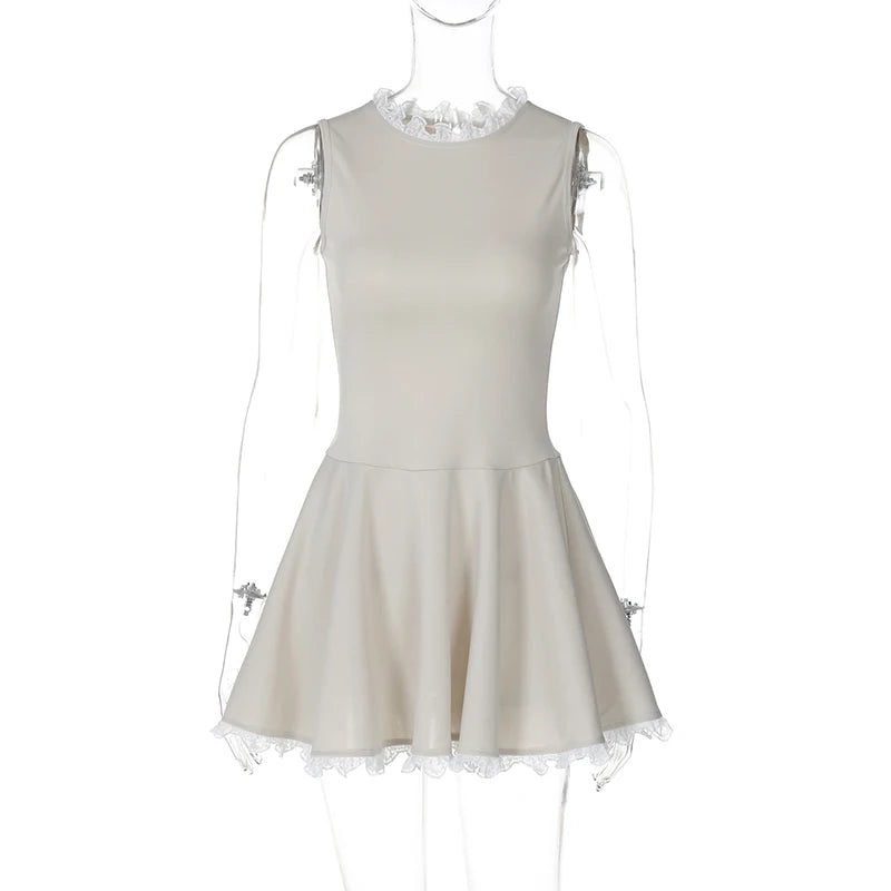 Splice Lace Mini Dress for High Waisted Slim Folds Aline Hem Dresses Sleeveless Evening Party Dress Lady