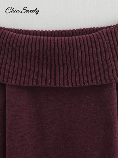Burgundy Off Shoulder Sweater Knitted Long Sleeve Slim Fit Pullover Top Spring High Street Knitwear