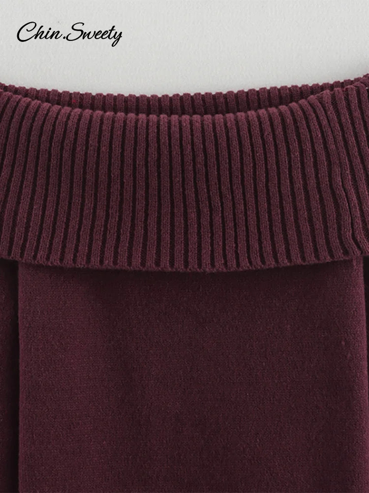 Burgundy Off Shoulder Sweater Knitted Long Sleeve Slim Fit Pullover Top Spring High Street Knitwear