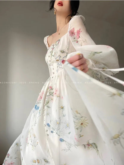 Vinatge Long Dresses Spring Summer French Aline Beach Dress Lantern Sleeve Evening Party Prom Robe Vestidos