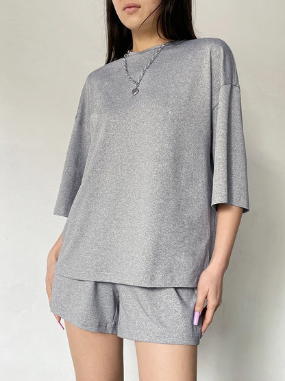 Gray O Neck Loose Basic Half Sleeve T Shirt and Shorts 2 Pieces Sets Leisure Homewear