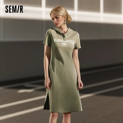 Jumpsuit for Letter Print and Color-blocked Sports Style New in Summer Slim Fit Hooded Mid-length Dress