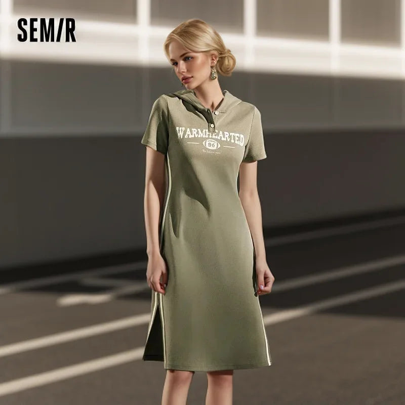 Jumpsuit for Letter Print and Color-blocked Sports Style New in Summer Slim Fit Hooded Mid-length Dress