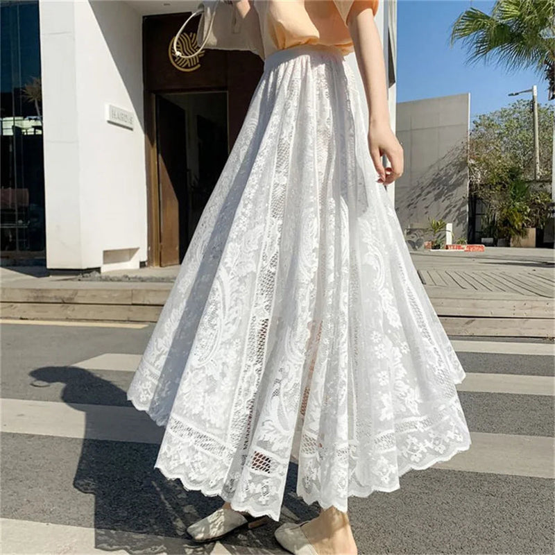 High Waist Hollow Out Female Maxi Skirts Spring Summer Lace Crochet Umbrella Long Skirts