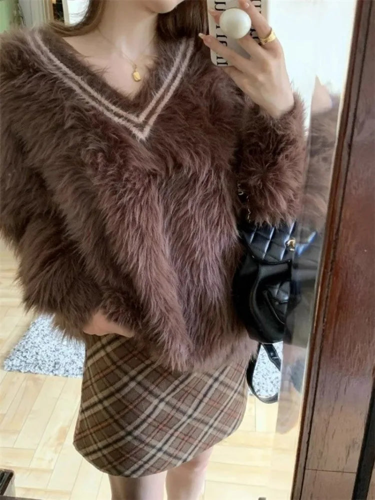 Knitted Sweater Pullover Contrast V Neck Loose Furry Autumn Winter Jumper Tops