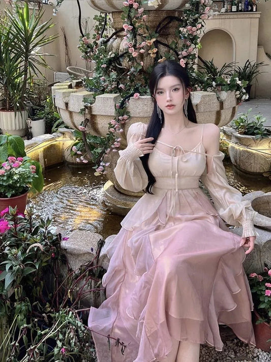 Summer French Evening Party Midi Dress Pink Korean Style Sweet Dress Female Bubble Sleeve Fairy Dress
