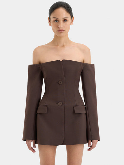 Off-shoulder Strapless Blazer Dress for Zipper Two Pocket Long Sleeve Backless Mini Dress