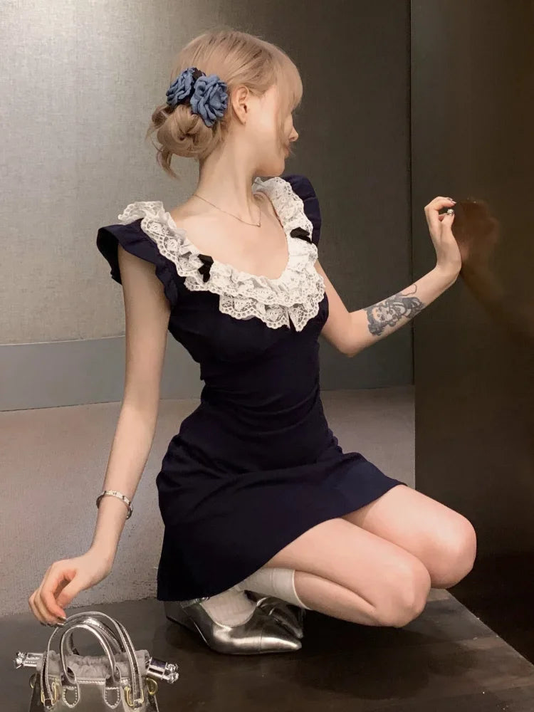 Lace Patchwork Mini Dresses for Flying Sleeve Aline Summer Dresswith Bow Korean Slim Uniform Clothes