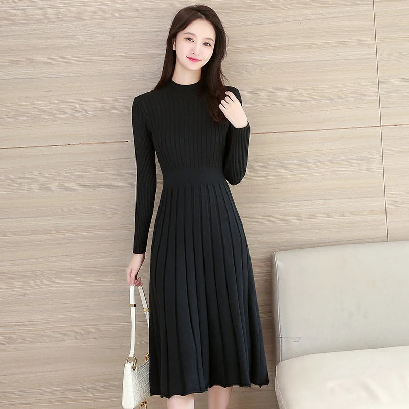 Autumn Winter O Neck Thick Maxi Knit Sweater Pullovers Dress Basic Aline Sweater Female Long Party Office Dresses