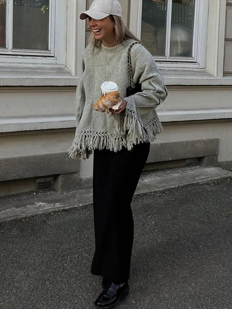 Pleated Tassel Sweaters Loose Knitted Pullover Sweater Female Autumn High Street Tops