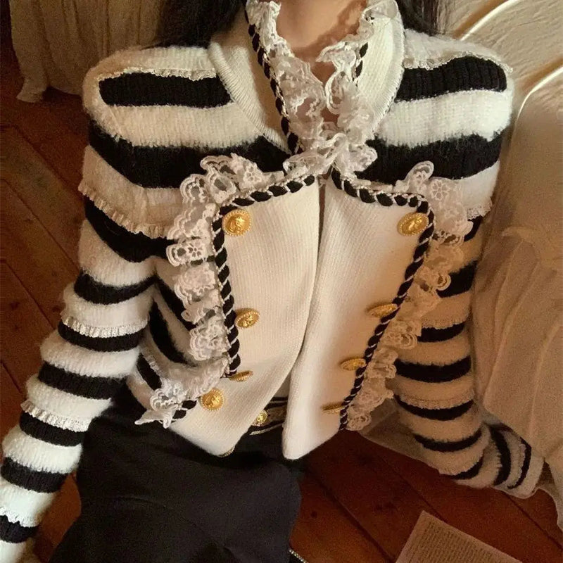 Skirt Twopiece Skirt Suit Knitted Sweater Winter Chaebol Style Heavy Industry Design Stripe New Highwaisted