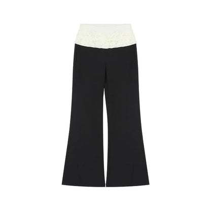 Spring New Korean Polka Dot Lace Up Longsleeved Tshirt + Contrast Color Patchwork Pants Twopiece Suit