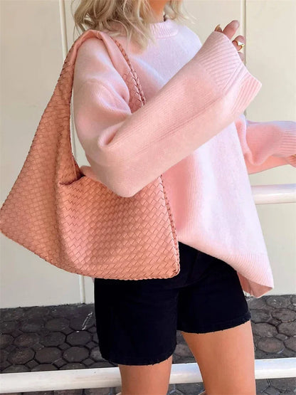 Pink Knitwear Sweater Pullover for Long Sleeve Loose Patchwork Y2k Top Female Knit Pullover New
