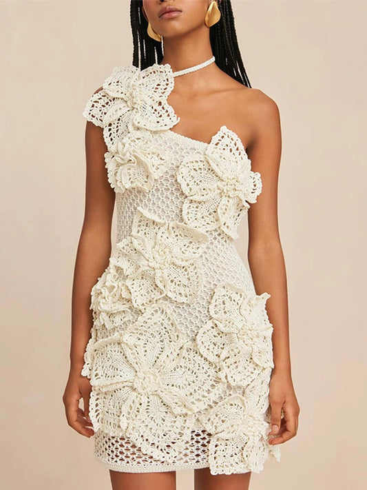Knit 3d Flower Mini Dress Slim Hollow Out Hip Package Skew-collar Halter Beach Dresses Holiday Party Lady Robe
