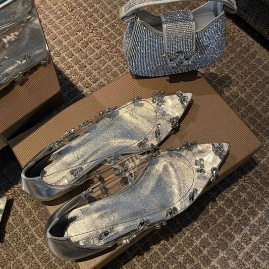 Transparent Rhinestone Pointed Ballet Shoes Design Sense Simple High Heels Silver Design Flats