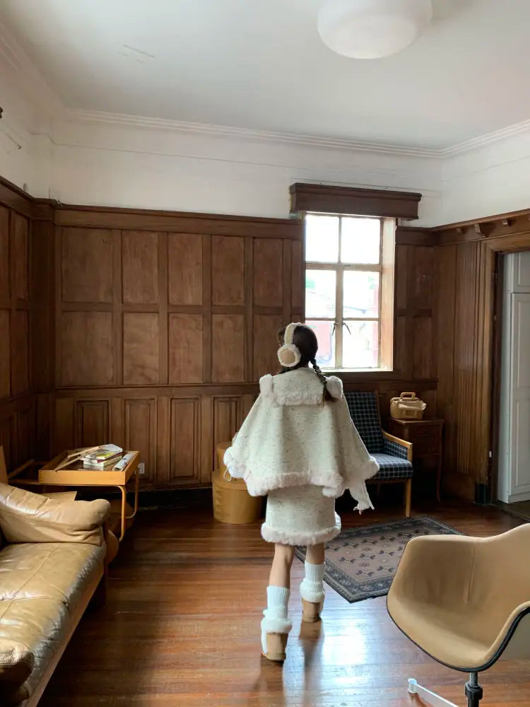 High End Sweet Temperament Loose Bow Cloak Coat New Winter Clothes Short Skirt Set Plush Splicing Two Piece Sets Outfits