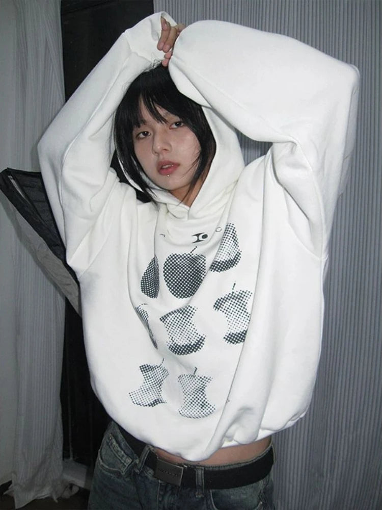 American Retro Fruit Print Hoodies High Street Apple Graphic Top Harajuku Oversized Design Aesthetics