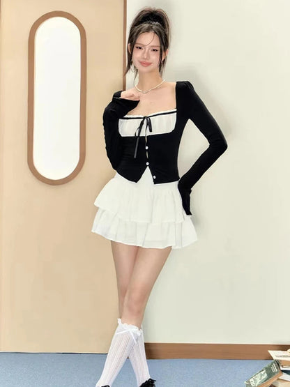 Korean Y2k Outfits 2 Piece Set Long Sleeve Square Collar Gyaru Tops + Tide Mini Tierred Ruffles Skirts