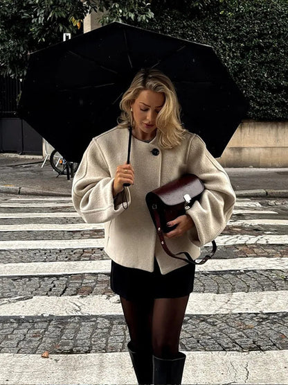 One Button O-neck Woolen Coats for Long Sleeve Cropped Oversized Jackets Lady High Street Outerwear New