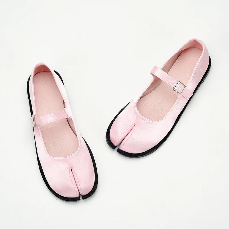 New Sweet Tabi Shoes Loafer for Split Toe Thick Sole Silk Pink Mary Jane Shoes 41