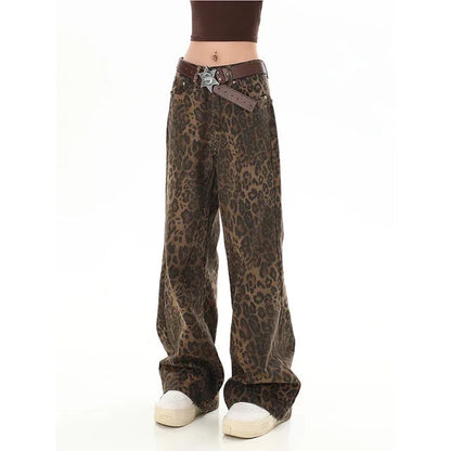 American Retro High Street Overalls Leopard Print Loose Wide Leg Pants for Y2k Hiphop Cargo Grunge Baggy Trousers