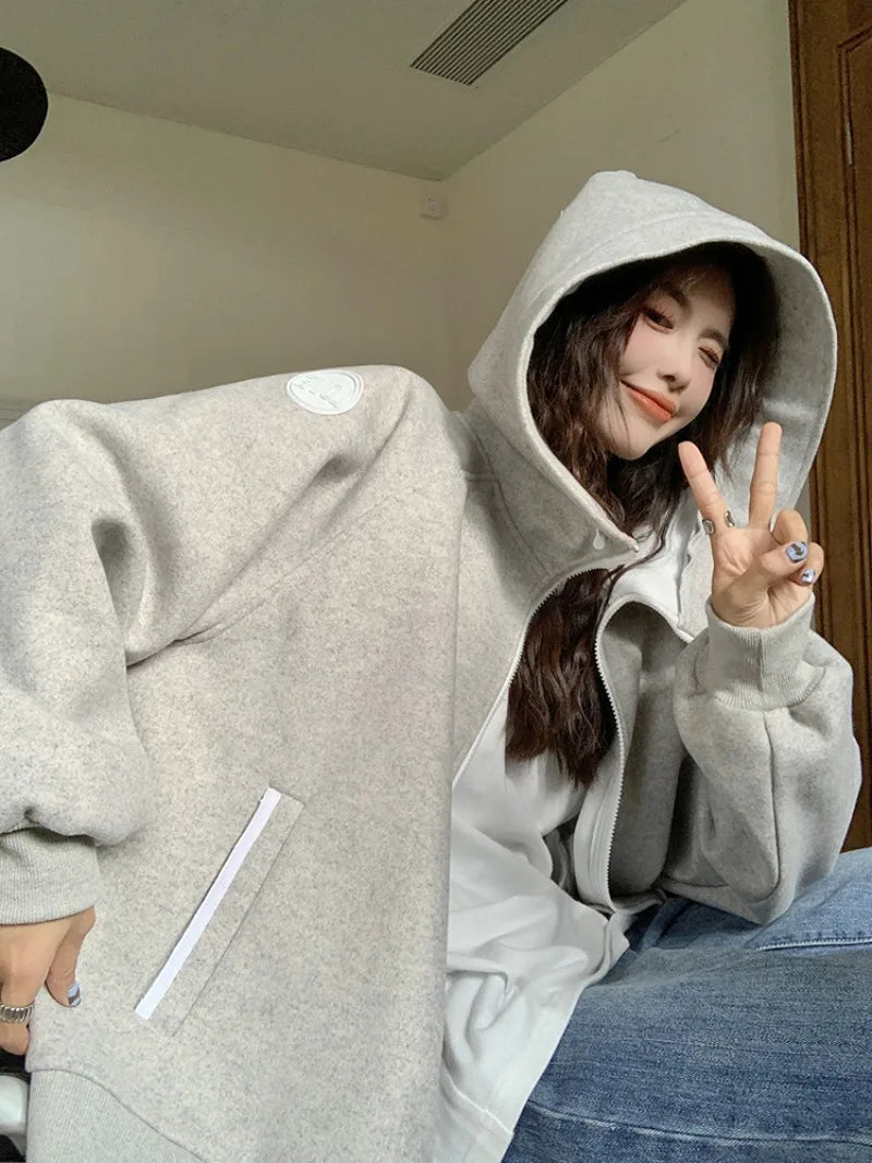 Sporty Hooded Longsleeved Sweatshirt Jacket for Autumn Stand Collar Loose Zippered Top Female Clothes