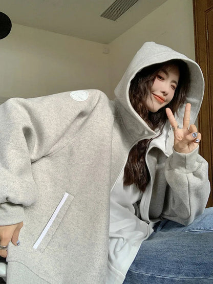 Sporty Hooded Longsleeved Sweatshirt Jacket for Autumn Stand Collar Loose Zippered Top Female Clothes