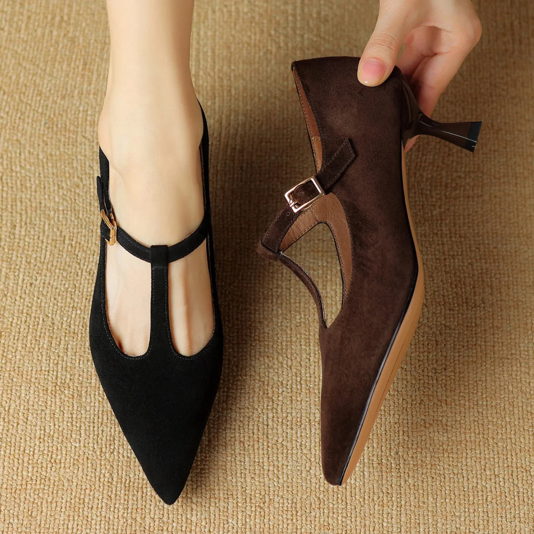 Natural Suede Leather Thin High Heel Pointed Toe Pumps Spring Autumn New Heeled Retro Heeled Shoes