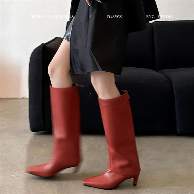 Ins Knee High Boots for Genuine Leather High Heels Winter Shoes Office Lady Long Booties