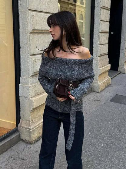 Off Shoulder Sweater With Belt Knitted Thick Long Sleeve Sweaters Female Winter Street Knitwear