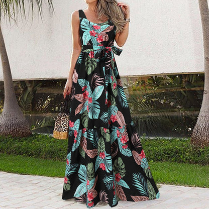 Summer Flower Print Sleeveless Long Dresses Vacation Style Dress O Neck High Waist Leace-up Maxi Vestidos