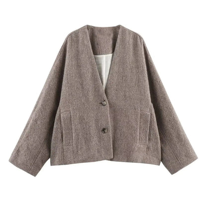 Faux Woolen Blend Jacket for Woman Winter Warm Vneck Single Breasted Loose Coats New Allmatc Jackets