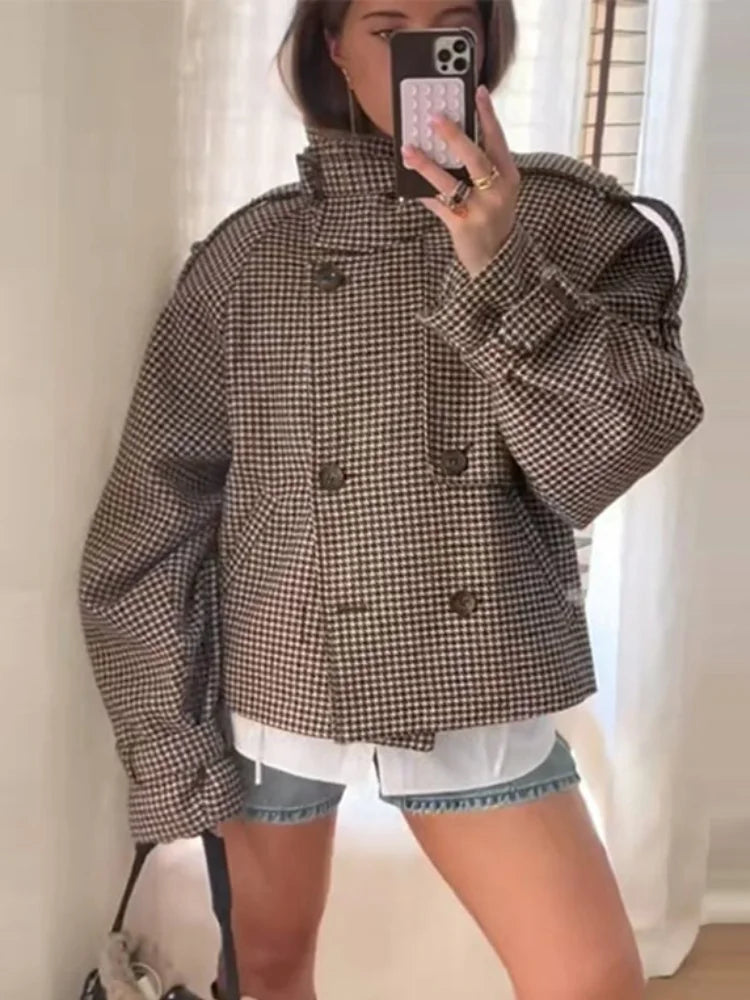 Plaid Double Breasted Street Coat Drop-shoulder Long Sleeve Stand Collar Loose Pocket Jacket Autumn Outwear