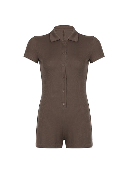 Button Up Turn Down Collar Short Sleeve Slim Ribbed Rompers Playsuit Basic Summer Shirts